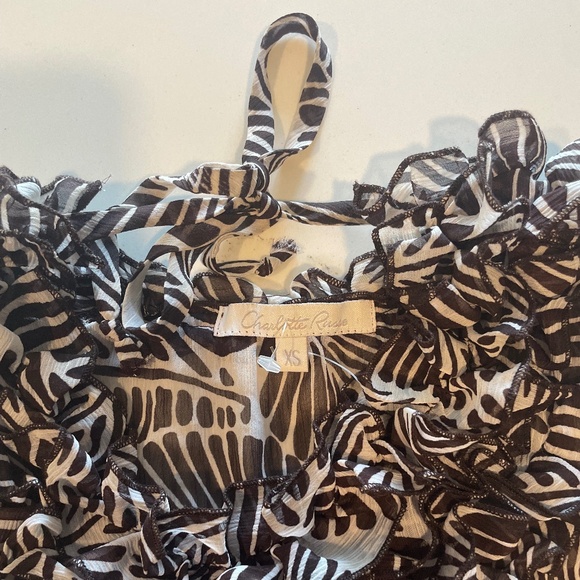 Charlotte Russe Black & White Leaf Print Ruffle Blouse with Tie Neck, Size XS - Picture 11 of 16